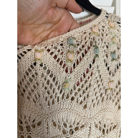 Vintage Handmade Pointelle Knit Short Sleeve Sweater M Openwork Cottage Rosettes - Picture 10 of 13